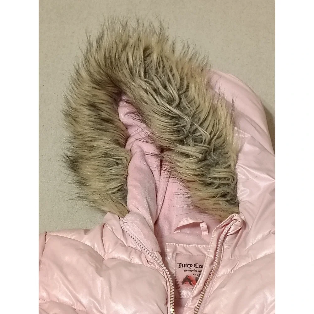 Juicy Couture‎ Girls Pink Puffer Jacket with Faux Fur Hood Size S 7 8 - Picture 2 of 10